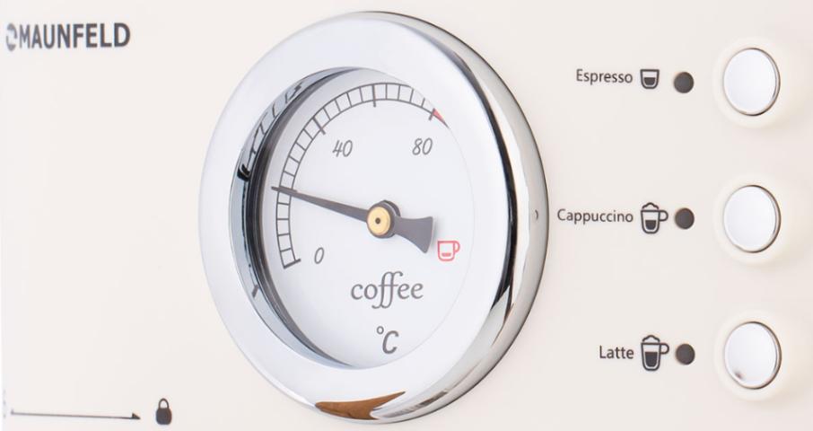 Круглый винтажный термометр на&nbsp;передней панели подскажет температуру капучино или взбитого молока.