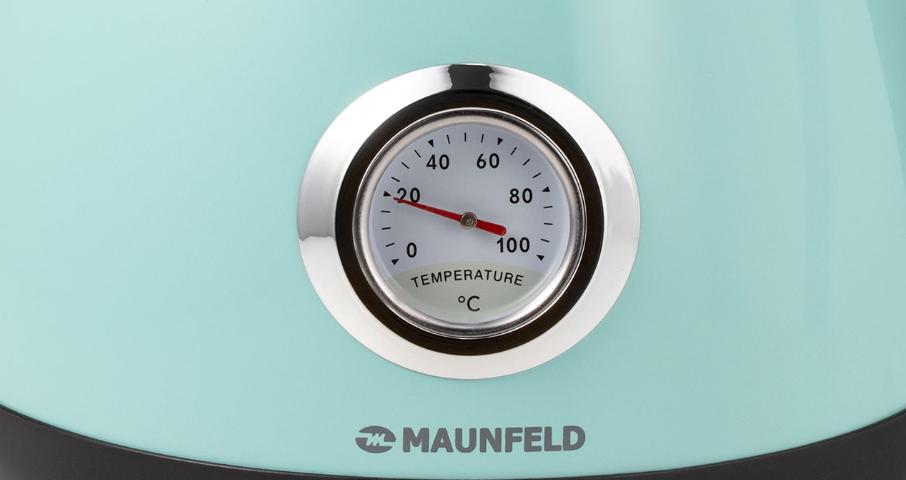 Стилизованный термометр с&nbsp;циферблатом отображает степень нагрева воды.