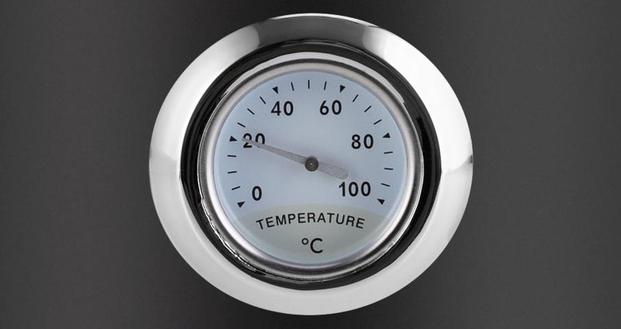 Стилизованный термометр с&nbsp;циферблатом отображает степень нагрева воды.