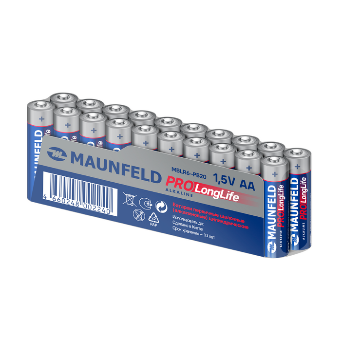 Батарейки MAUNFELD PRO Long Life Alkaline AA (LR6) MBLR6-PB20, спайка 20&nbsp;шт.